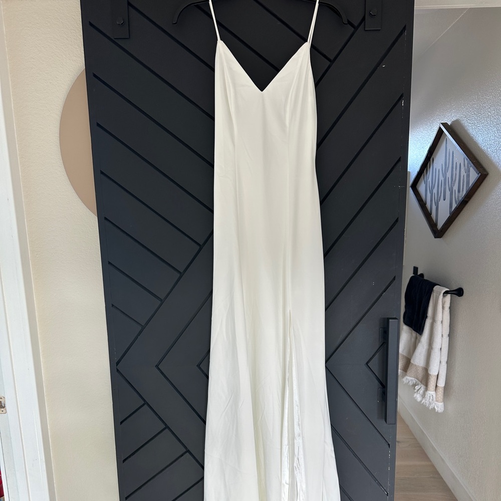 V back and v neck, side slit wedding dress.